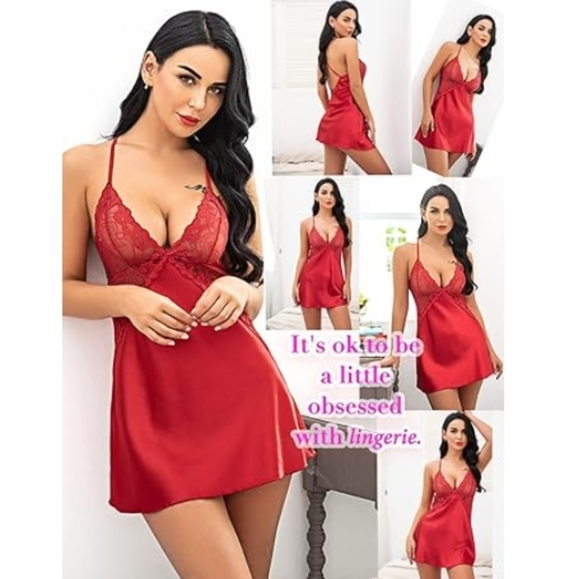 Avidlov Women Lingerie V Neck Nightwear Satin Lace Chemise Mini Teddy Red Nighty - Picture 6 of 8